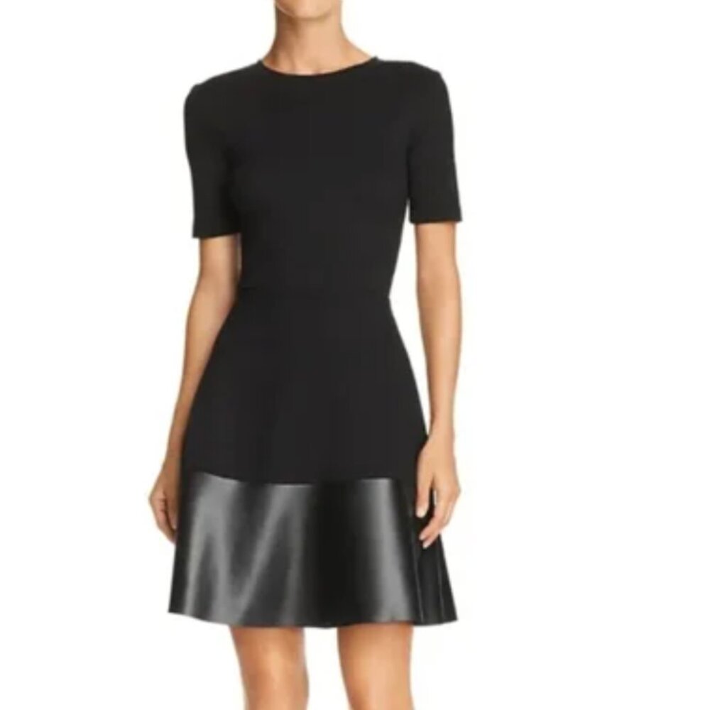 Aqua Skater Dress with Faux Leather Trim